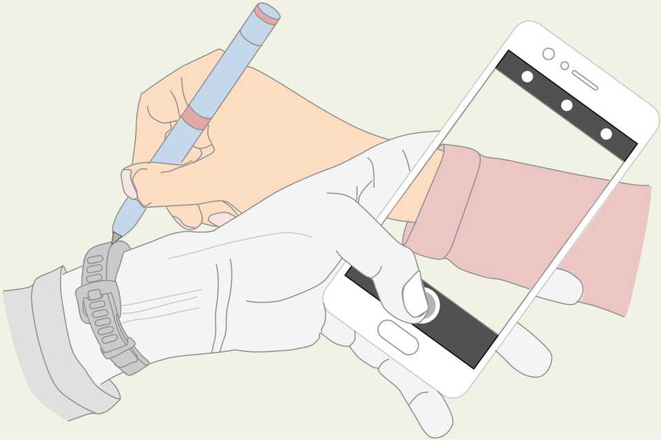 Line drawing of the right hand drawing the left hand holding a phone taking a picture of the right hand