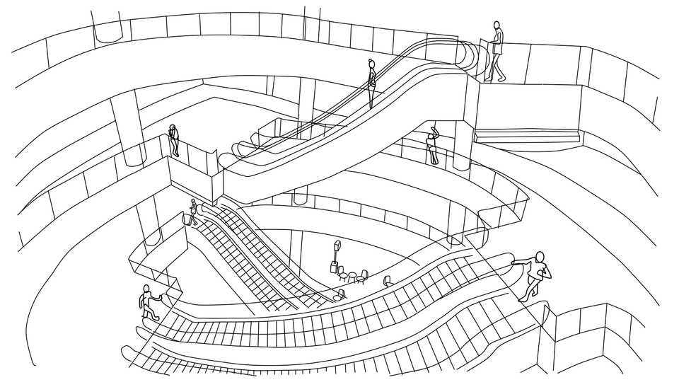 Line drawing of Escalators in a Mall