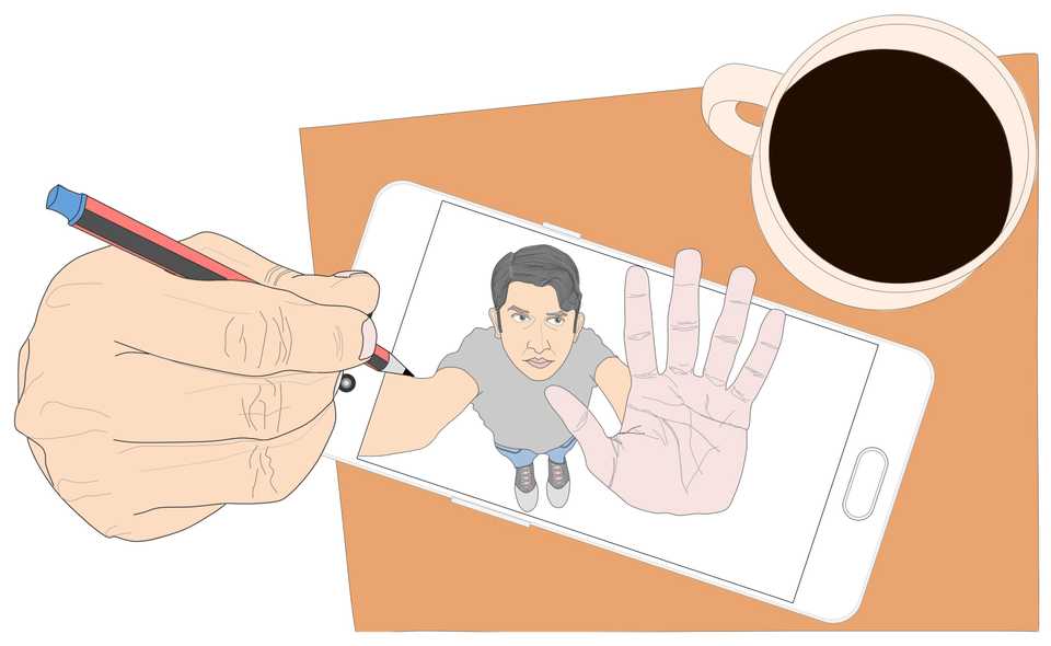 Sketch of person sketching himself while also trying to reach out of the smartphone for the coffee on the table
