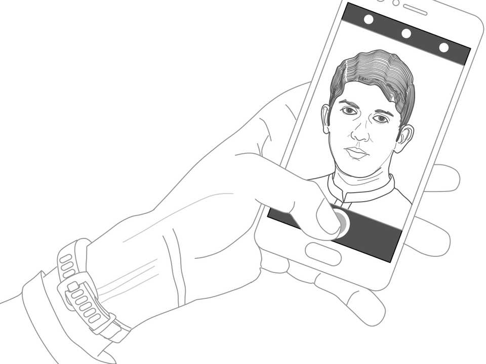 Line drawing of a hand taking a selfie