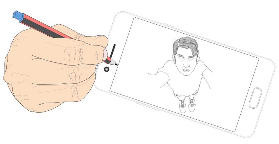 Hand drawing a sketch inside a smartphone