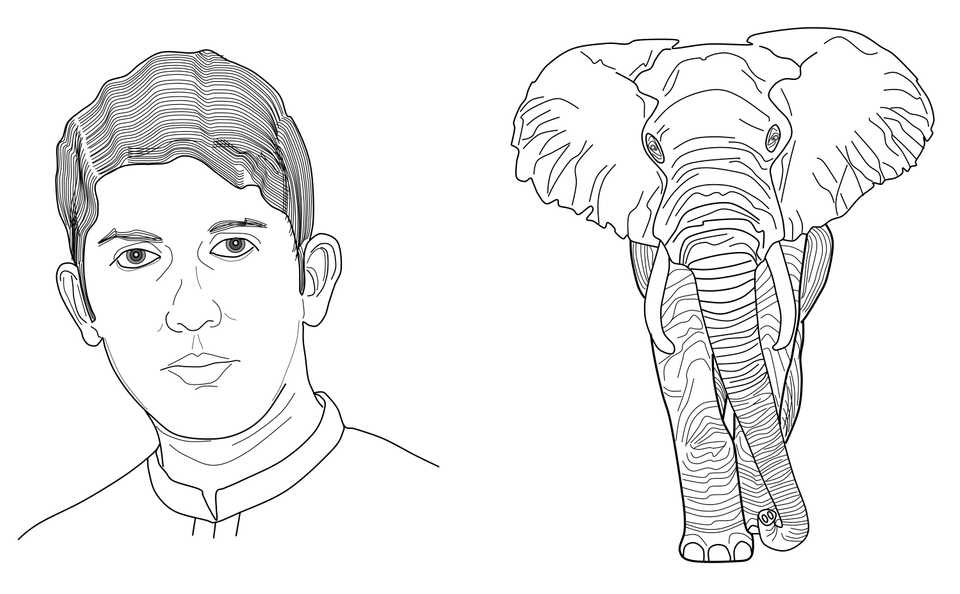 Line drawing of a self-portrait and an African elephant
