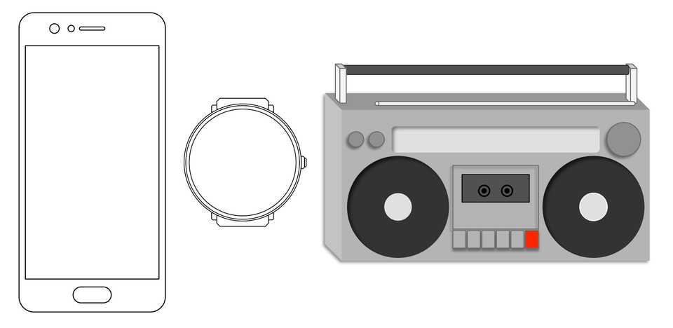 Line drawing of a phone, a watch and an 80’s stereo